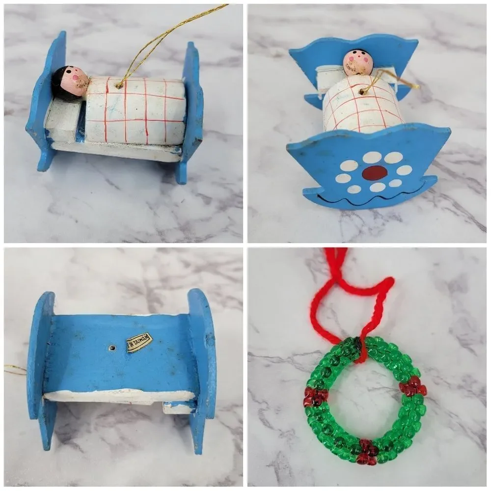 Vintage Colorful Wooden and Metal Christmas Ornaments Set